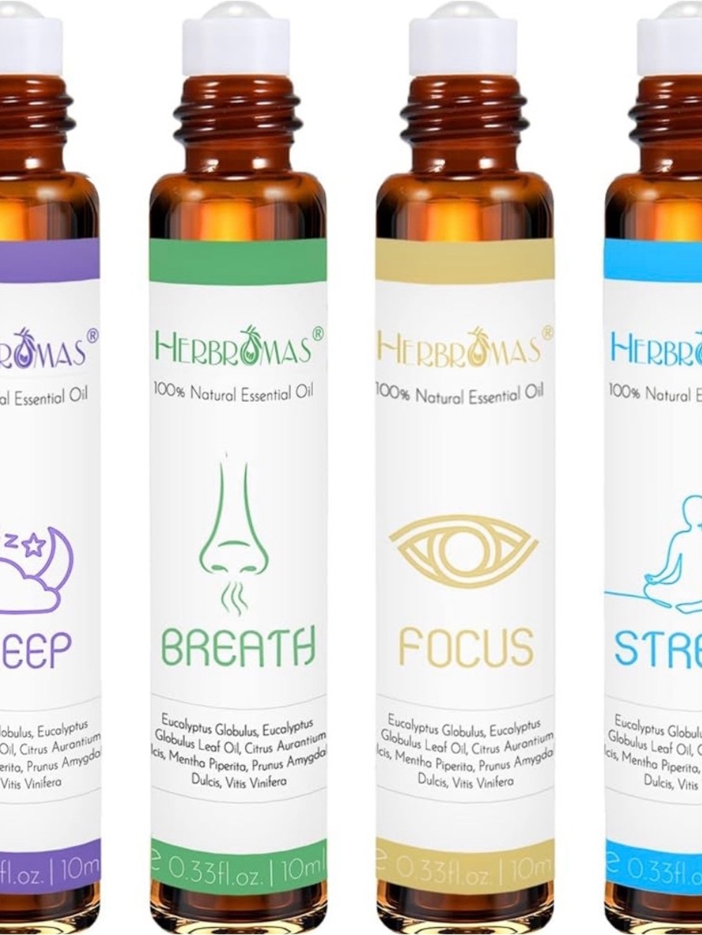 HERBROMAS Aromatherapy Essential Oil Roll-On Set (4pc) – New Sealed